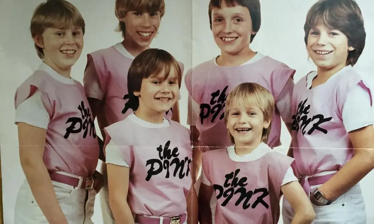 Sex glada pojkar i rosa tröjor med texten "the Pink" på. De ser ut att vara medlemmar i ett band.