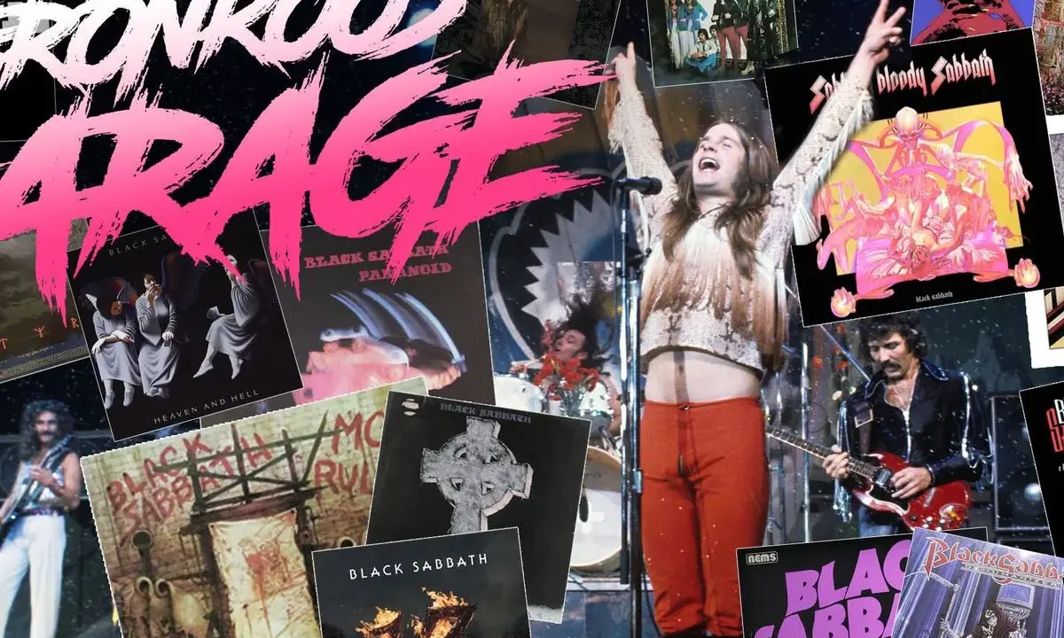 Collage med albumomslag och bilder av medlemmar av Black Sabbath. Ozzy Osbourne i centrum, omgiven av skivomslag som "Paranoid" och "Heaven and Hell".