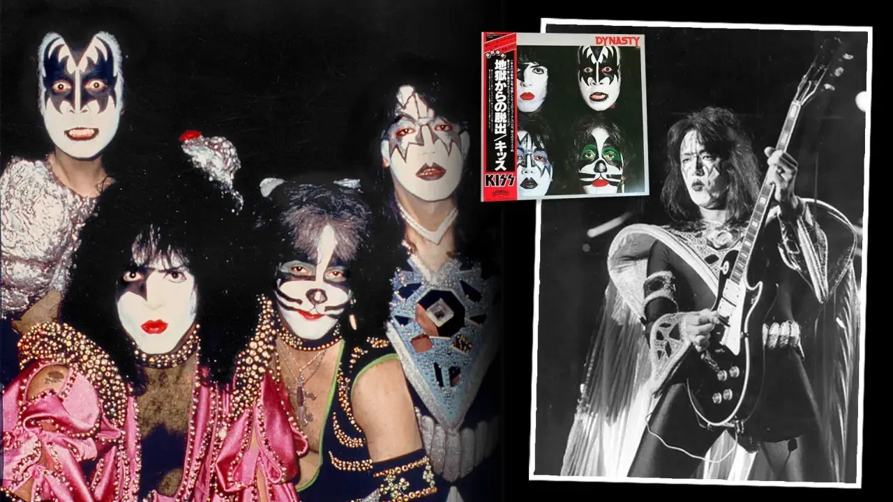 Medlemmar av KISS med sina ikoniska sminkningar och scenkläder. En bild visar bandet samlat, en annan en medlem som spelar gitarr.