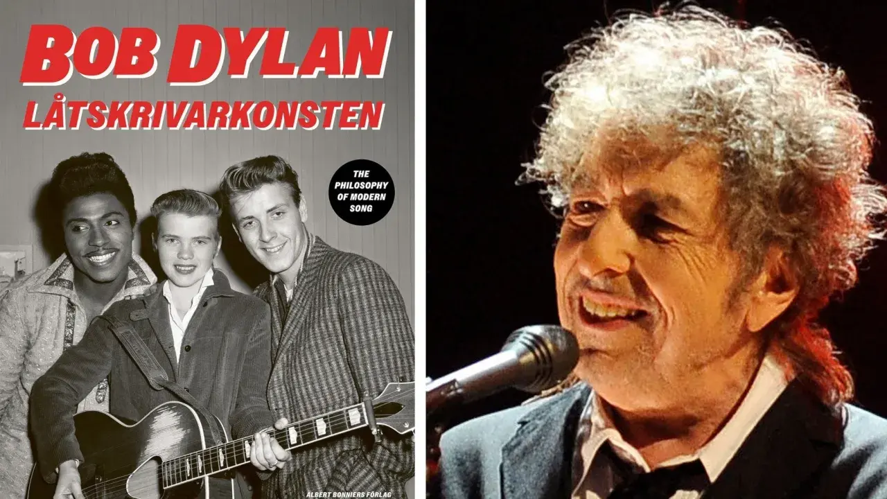 Bob Dylan, låtskrivarkonsten i Sverige. En bild av en ung trio med gitarr och en närbild på en äldre Bob Dylan.