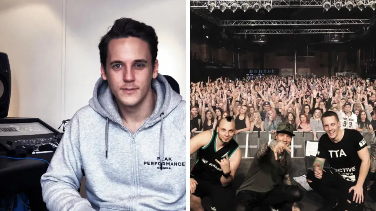 Två medlemmar av Dead by April, en i studio och en på scen framför en jublande publik.