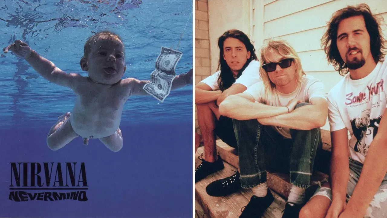 En bebis simmar under vattnet mot en dollar-sedel, bredvid medlemmar av Nirvana.