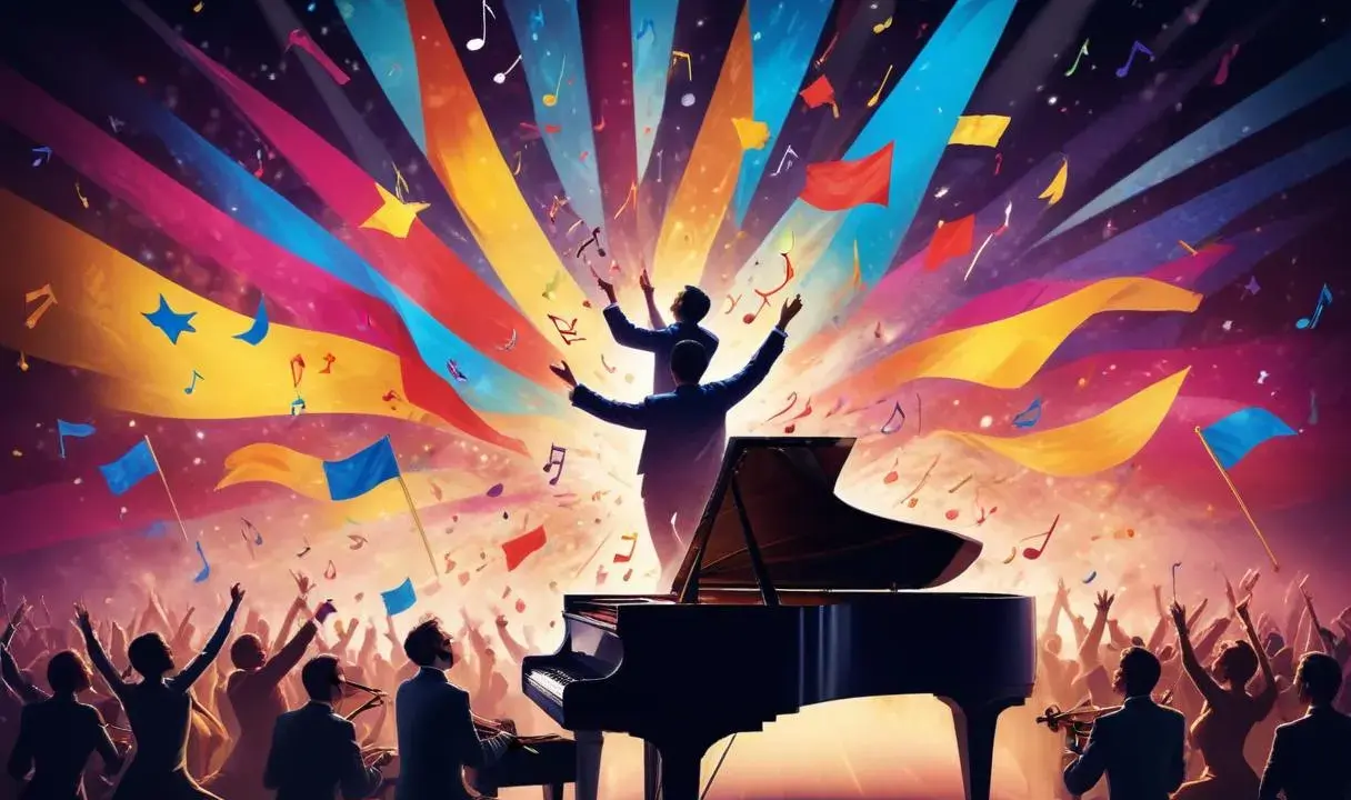 En mäktig orkester spelar, med noter och färgglada band som svävar. En hyllning till svenska eurovision bidrag, med publiken i extas.