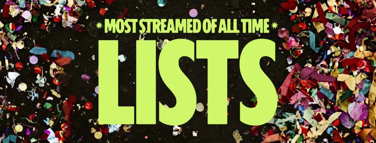 Färgglatt konfetti omger texten "LISTS" och "MOST STREAMED OF ALL TIME". En perfekt bakgrund för att utforska topp 10 mest spelade artister på Spotify.