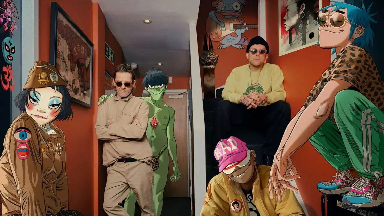Medlemmar av Gorillaz samlade i en korridor. Från vänster: Noodle, Murdoc, 2-D och Russel.