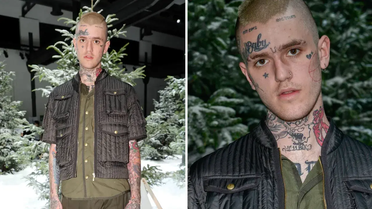 Lil Peep, med tatueringar och klädd i en mörk jacka, står framför snötäckta träd. Hans ansikte bär texten "Baby". Frågan "hur dog Lil Peep" ekar i minnet.