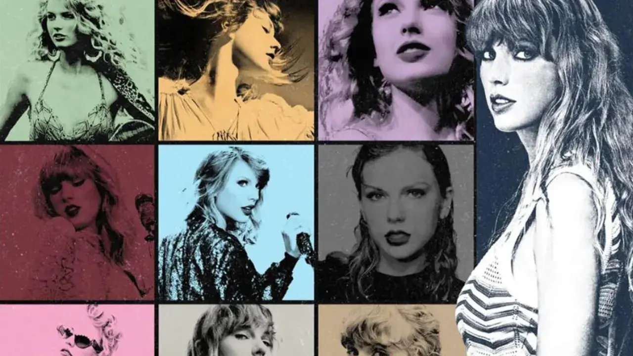 Collage med olika porträtt av Taylor Swift, som påminner om hennes ikoniska taylor swift-låtar.