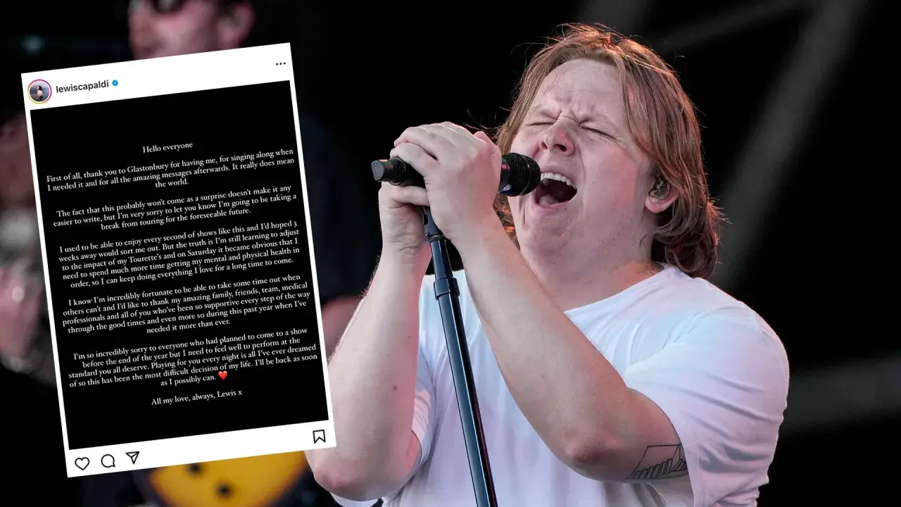 Lewis Capaldi sjunger passionerat på en Lewis Capaldi konsert. Han meddelar att han tar en paus från turnén för att fokusera på sin hälsa.