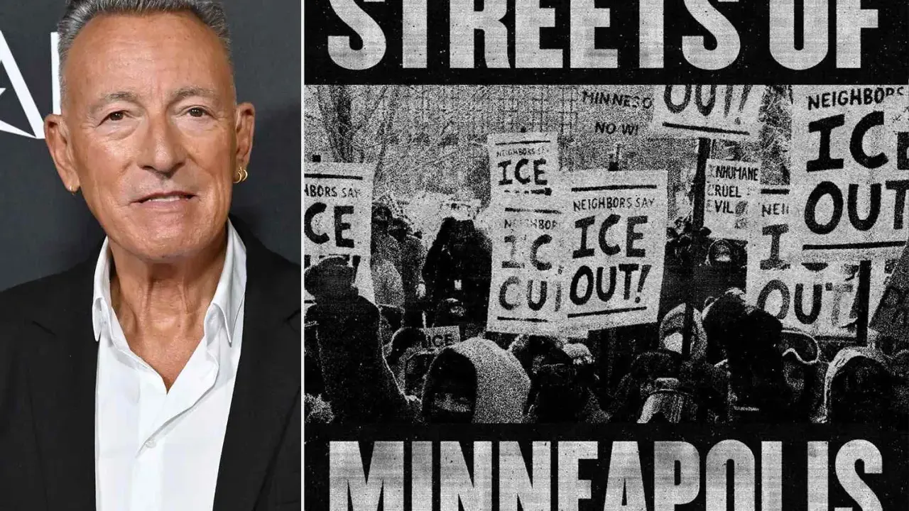 Bruce Springsteen påminner om "Streets of Minneapolis" i sin senaste låt. Bilden visar en protest med skyltar som ropar "ICE OUT!".