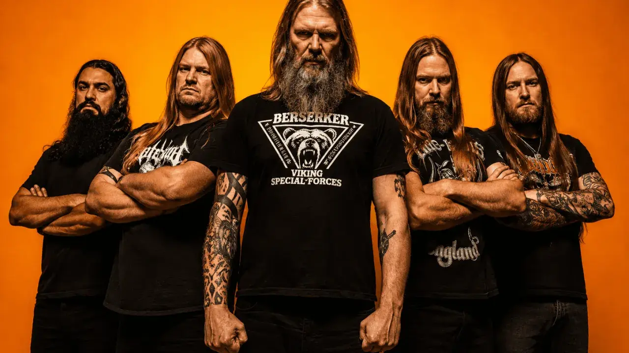 Amon Amarth tour: fem vikingar med långt hår och skägg poserar framför orange bakgrund.