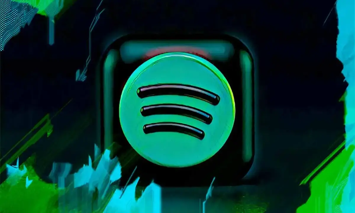 Spotify-logotypen lyser i grönt mot en mörk bakgrund med abstrakta, glitchiga effekter. Vem har mest lyssnare på Spotify?