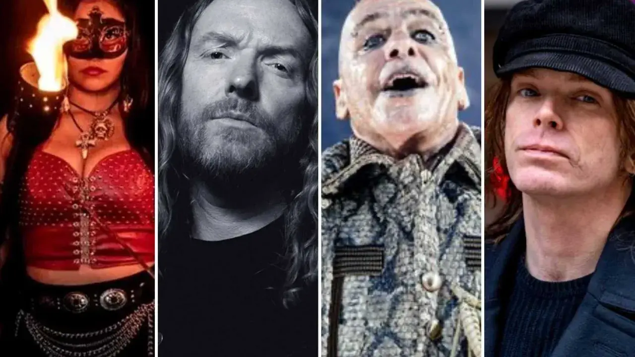Collage med medlemmar av Rammstein: en kvinna med eld, en man med långt hår, Till Lindemann och Richard Kruspe.