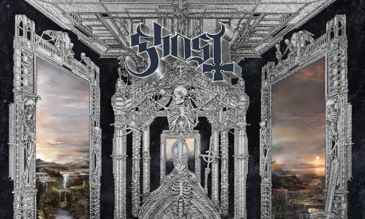 Album av Ghost med en skelettfigur i påv-liknande kläder, omgiven av arkitektur och skelett.