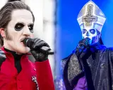 Tobias Forge, som Papa Emeritus IV, sjunger i en röd kavaj och sedan i en påvliknande dräkt med mitra.
