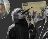 Liam och Noel Gallagher, medlemmar av Oasis, framför en bild av albumet "Definitely Maybe". En annan man syns i en cirkel till vänster.