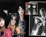 Medlemmar av KISS med sina ikoniska sminkningar och scenkläder. En bild visar bandet samlat, en annan en medlem som spelar gitarr.