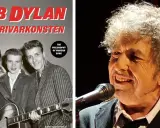 Bob Dylan, låtskrivarkonsten i Sverige. En bild av en ung trio med gitarr och en närbild på en äldre Bob Dylan.