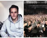 Två medlemmar av Dead by April, en i studio och en på scen framför en jublande publik.