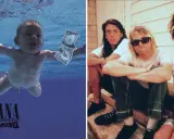 En bebis simmar under vattnet mot en dollar-sedel, bredvid medlemmar av Nirvana.