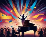 En mäktig orkester spelar, med noter och färgglada band som svävar. En hyllning till svenska eurovision bidrag, med publiken i extas.
