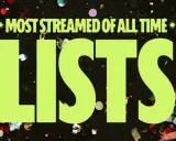 Färgglatt konfetti omger texten "LISTS" och "MOST STREAMED OF ALL TIME". En perfekt bakgrund för att utforska topp 10 mest spelade artister på Spotify.