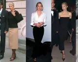 Carolyn Bessette-Kennedy i olika outfits: blommig klänning, svart tröja med beige kjol, vit skjorta med svart kjol, svart klänning och en rock med jeans.