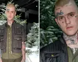 Lil Peep, med tatueringar och klädd i en mörk jacka, står framför snötäckta träd. Hans ansikte bär texten "Baby". Frågan "hur dog Lil Peep" ekar i minnet.