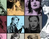 Collage med olika porträtt av Taylor Swift, som påminner om hennes ikoniska taylor swift-låtar.