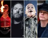 Collage med medlemmar av Rammstein: en kvinna med eld, en man med långt hår, Till Lindemann och Richard Kruspe.