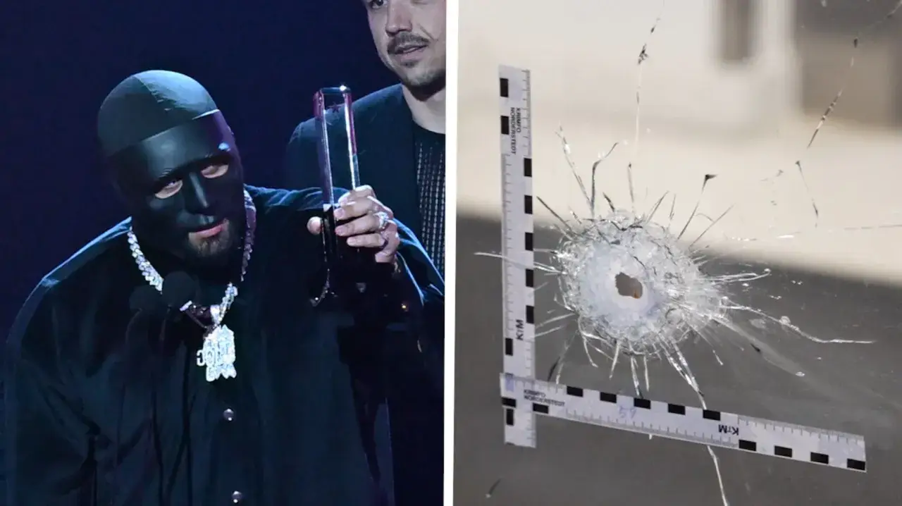 C Gambino med mask och pris, bredvid en bild på ett skotthål i glas med linjal.