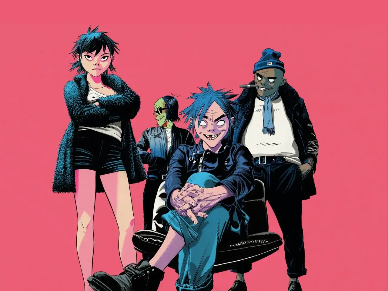 Medlemmar av Gorillaz poserar framför en rosa bakgrund. Från vänster: Noodle, Murdoc Niccals, 2-D och Russel Hobbs.