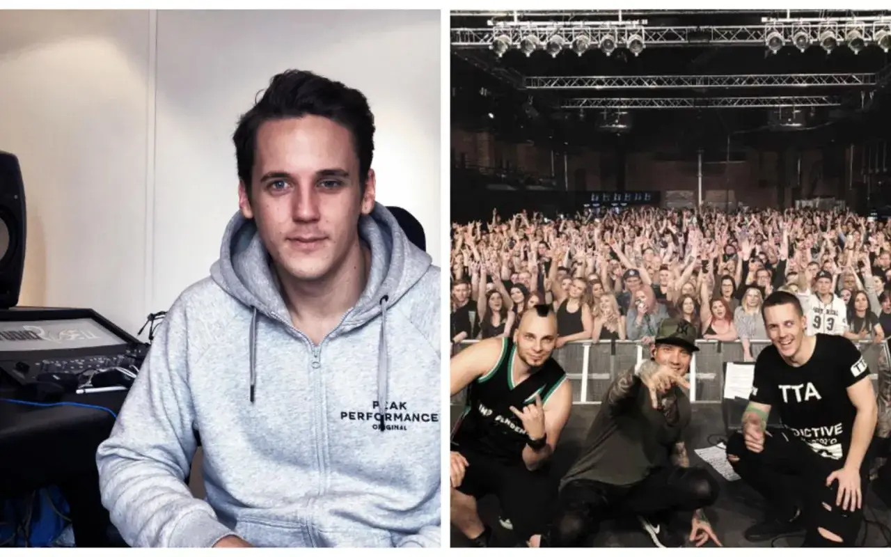 Två medlemmar av Dead by April, en i studio och en på scen framför en stor publik.