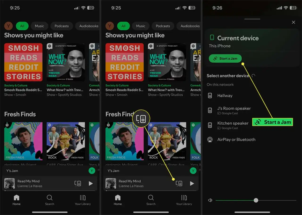 Välj en enhet för att dela spellista på Spotify. Välj 