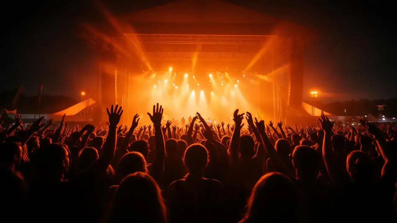 Publiken jublar och sträcker upp händerna mot scenen under en Eva Dahlgren konsert. Ljusen är varma och orange.
