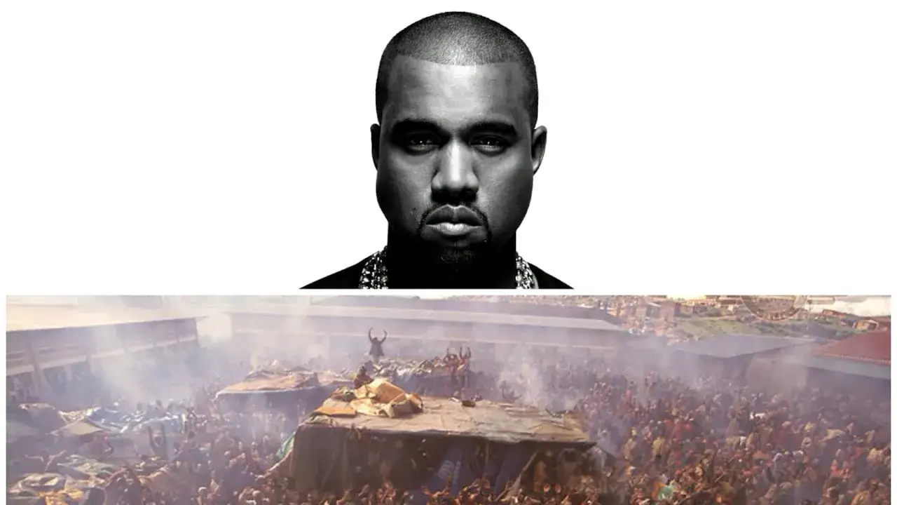Kanye Wests ansikte ovanför en folkmassa i en dammig stad. Kanske en dröm om en konsert i Sverige?