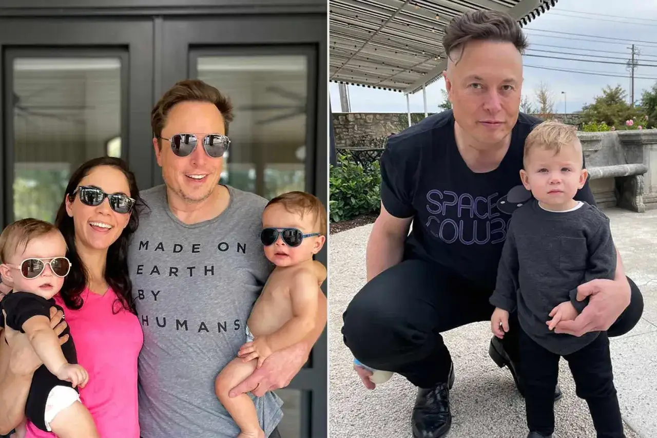 Elon Musk med sina barn. På vänstra bilden håller han ett barn, på högra bilden sitter han med ett annat.