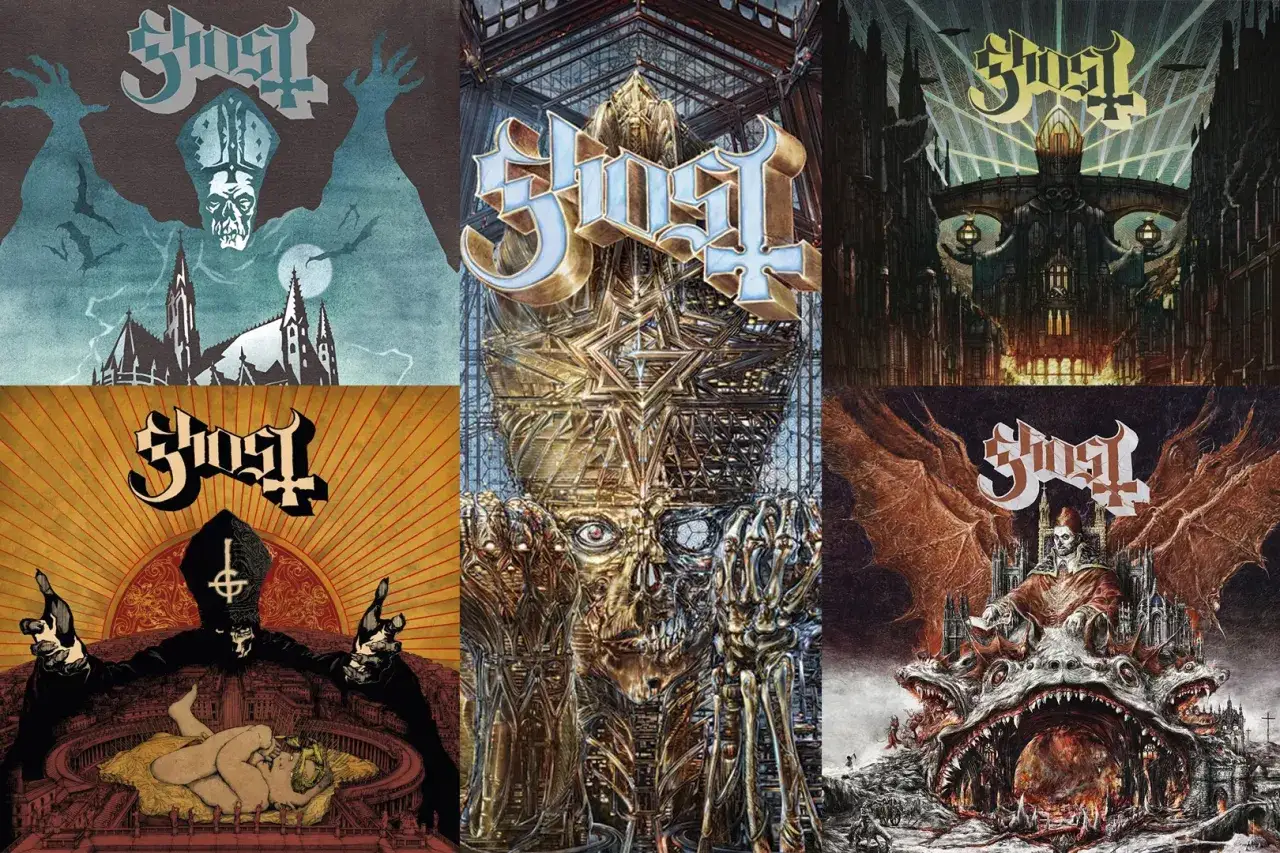 Collage av albumomslag från Ghost. Mörka, olycksbådande motiv med kyrkor, demoniska varelser och en påvefigur.