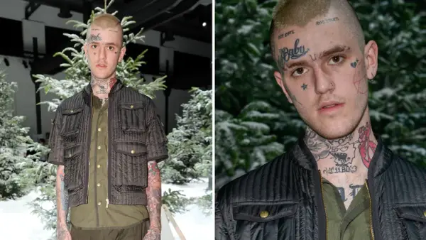 Lil Peep, med tatueringar och klädd i en mörk jacka, står framför snötäckta träd. Hans ansikte bär texten "Baby". Frågan "hur dog Lil Peep" ekar i minnet.